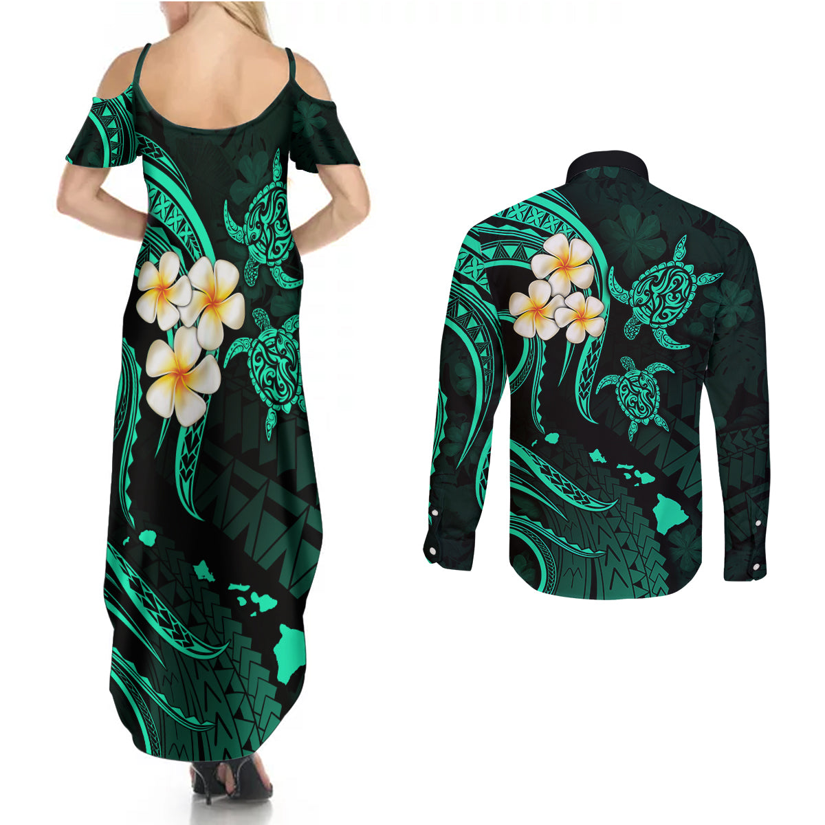 Polynesian Hawaii Couples Summer Maxi Dress and Long Sleeve Button Shirts Molokai Islands with Pacific Plumeria Turquoise Vibe LT9 - Polynesian Pride