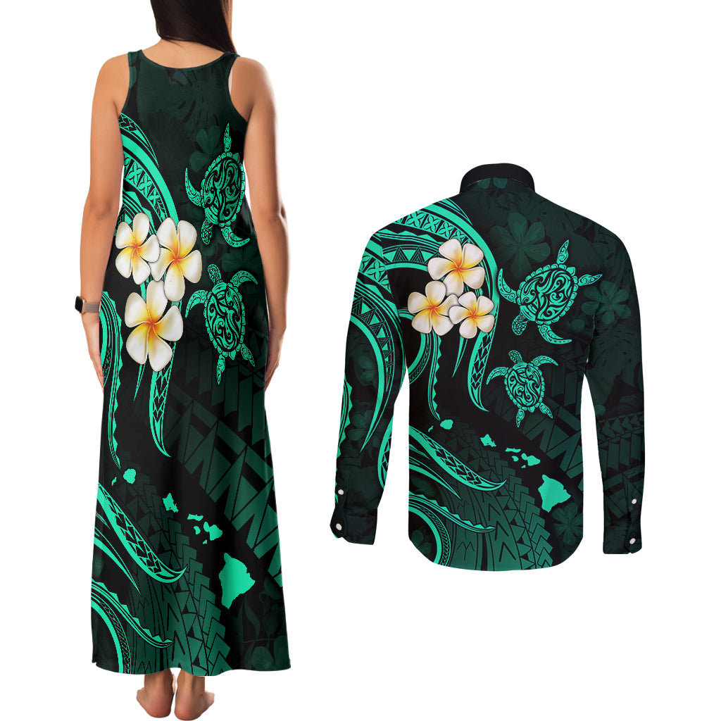 Polynesian Hawaii Couples Matching Tank Maxi Dress and Long Sleeve Button Shirts Molokai Islands with Pacific Plumeria Turquoise Vibe LT9 - Polynesian Pride