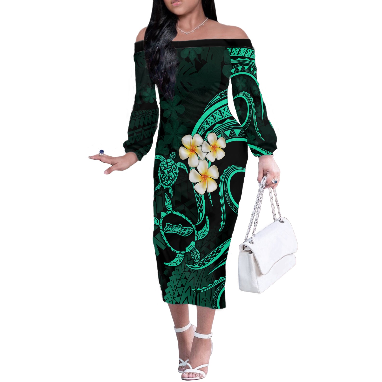 Polynesian Hawaii Off The Shoulder Long Sleeve Dress Molokai Islands with Pacific Plumeria Turquoise Vibe LT9 Women Turquoise - Polynesian Pride