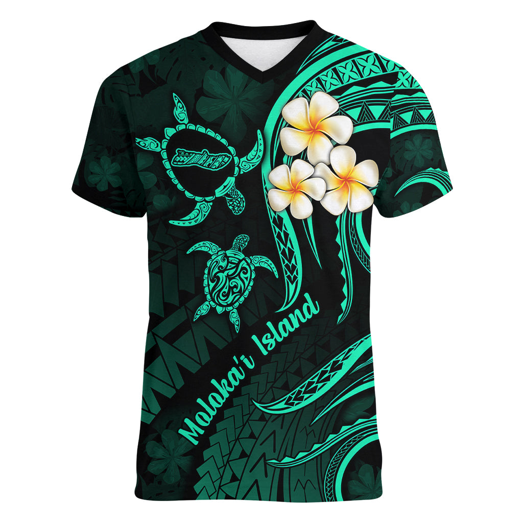 Polynesian Hawaii Women V Neck T Shirt Molokai Islands with Pacific Plumeria Turquoise Vibe LT9 Female Turquoise - Polynesian Pride
