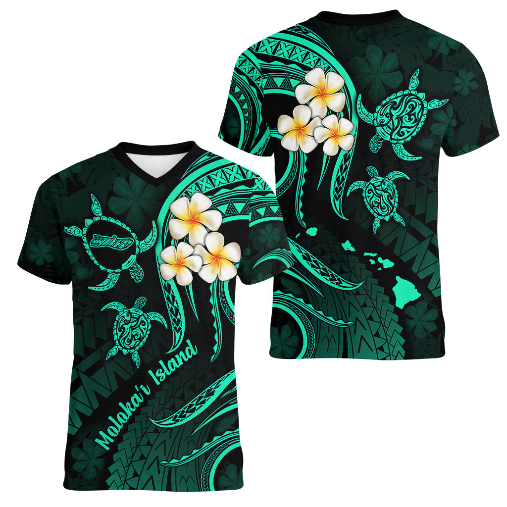 Polynesian Hawaii Women V Neck T Shirt Molokai Islands with Pacific Plumeria Turquoise Vibe LT9 - Polynesian Pride