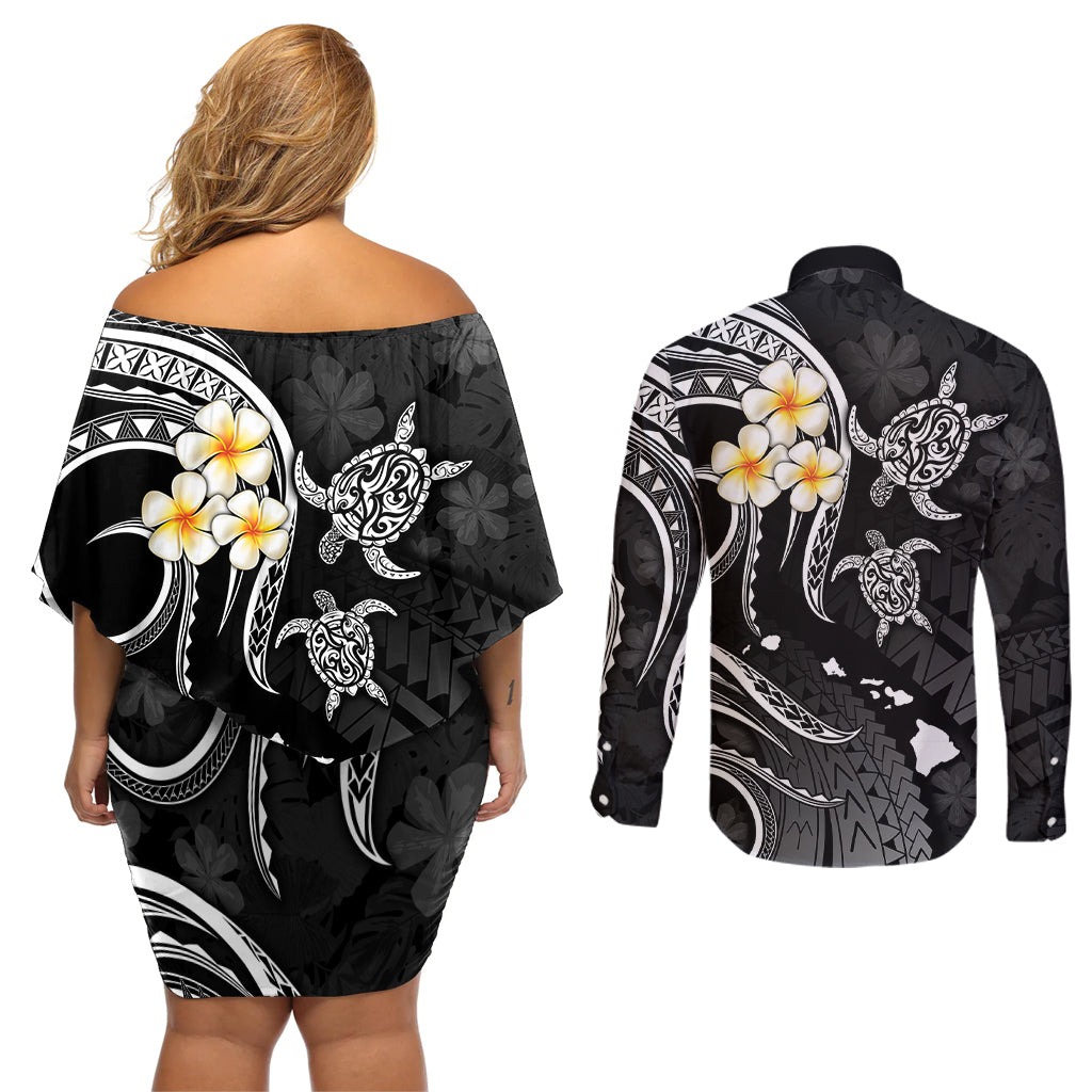 Polynesian Hawaii Couples Off Shoulder Short Dress and Long Sleeve Button Shirts Molokai Islands with Pacific Plumeria White Vibe LT9 - Polynesian Pride