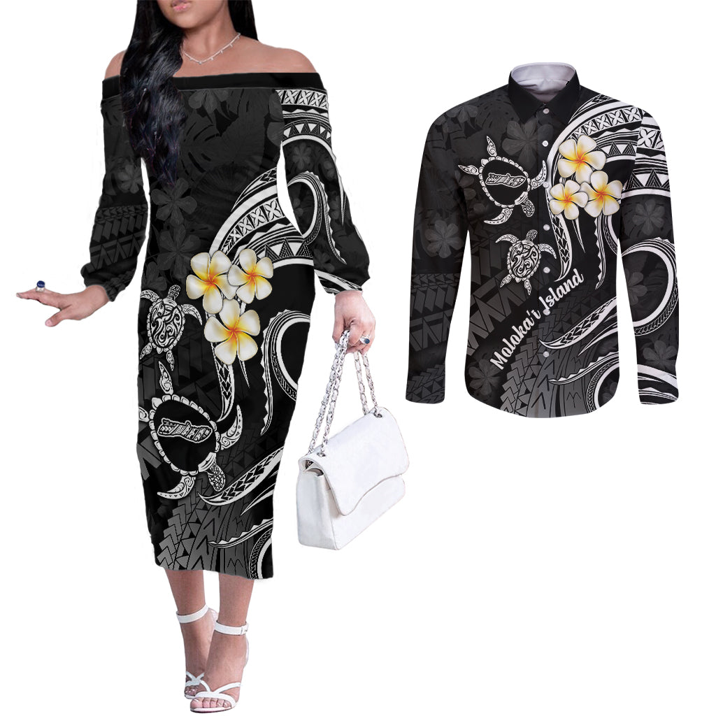 Polynesian Hawaii Couples Off The Shoulder Long Sleeve Dress and Long Sleeve Button Shirts Molokai Islands with Pacific Plumeria White Vibe LT9 White - Polynesian Pride