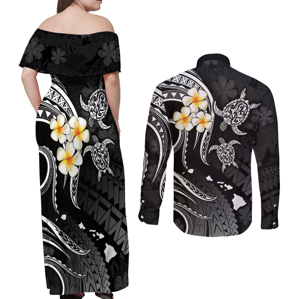 Polynesian Hawaii Couples Off Shoulder Maxi Dress and Long Sleeve Button Shirts Molokai Islands with Pacific Plumeria White Vibe LT9 - Polynesian Pride