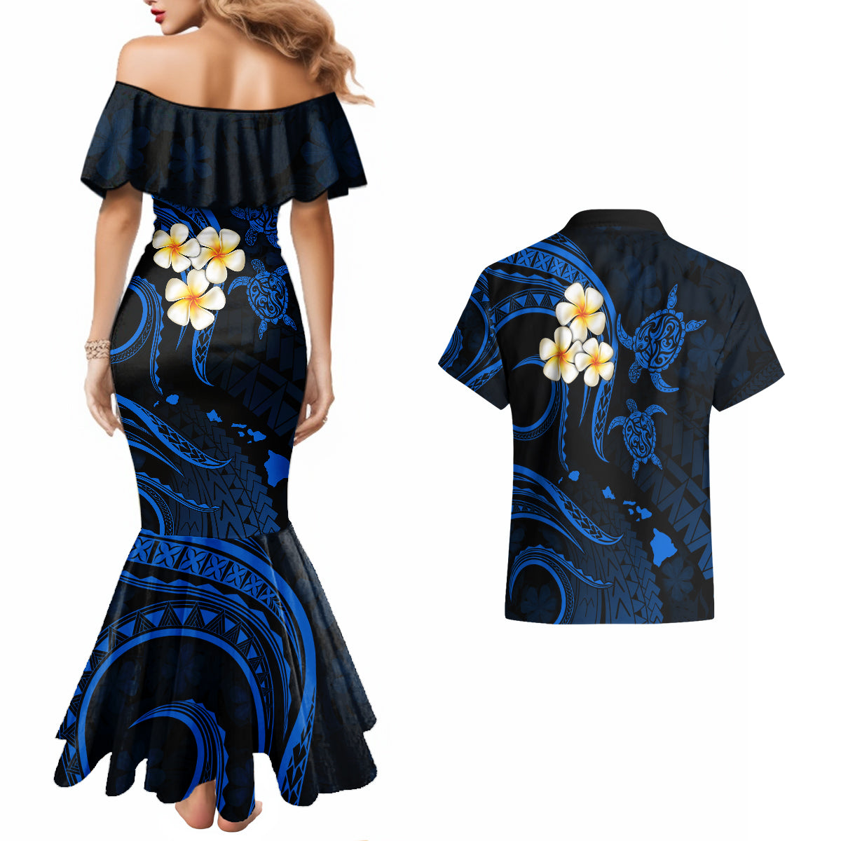 Hawaii Couples Mermaid Dress And Hawaiian Shirt Lanai Islands Polynesian Sunset Plumeria Blue Vibe LT9 - Polynesian Pride