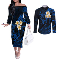 Hawaii Couples Off The Shoulder Long Sleeve Dress and Long Sleeve Button Shirts Lanai Islands Polynesian Sunset Plumeria Blue Vibe LT9 Blue - Polynesian Pride