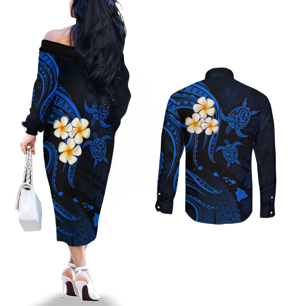 Hawaii Couples Off The Shoulder Long Sleeve Dress and Long Sleeve Button Shirts Lanai Islands Polynesian Sunset Plumeria Blue Vibe LT9 - Polynesian Pride