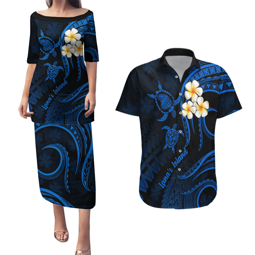 Hawaii Couples Puletasi Dress and Hawaiian Shirt Lanai Islands Polynesian Sunset Plumeria Blue Vibe LT9 Blue - Polynesian Pride
