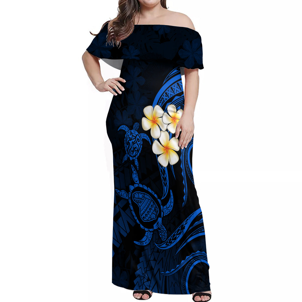 Hawaii Off Shoulder Maxi Dress Lanai Islands Polynesian Sunset Plumeria Blue Vibe LT9 Women Blue - Polynesian Pride