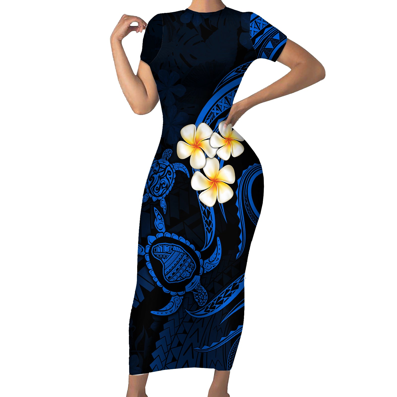 Hawaii Short Sleeve Bodycon Dress Lanai Islands Polynesian Sunset Plumeria Blue Vibe LT9 Long Dress Blue - Polynesian Pride