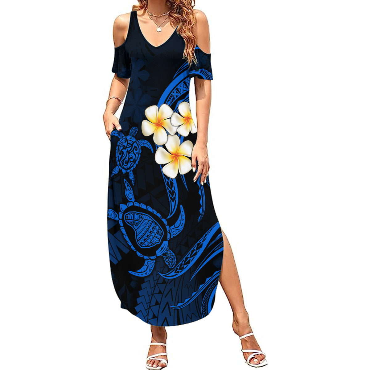 Hawaii Summer Maxi Dress Lanai Islands Polynesian Sunset Plumeria Blue Vibe LT9 Women Blue - Polynesian Pride