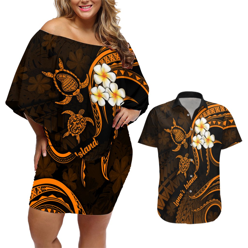 Hawaii Couples Off Shoulder Short Dress and Hawaiian Shirt Lanai Islands Polynesian Sunset Plumeria Gold Vibe LT9 Gold - Polynesian Pride