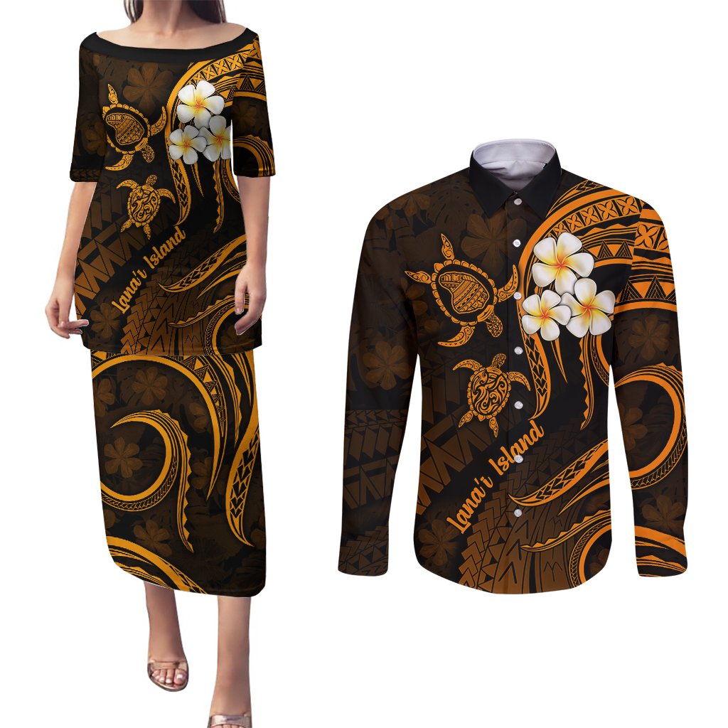 Hawaii Couples Puletasi Dress and Long Sleeve Button Shirts Lanai Islands Polynesian Sunset Plumeria Gold Vibe LT9 Gold - Polynesian Pride