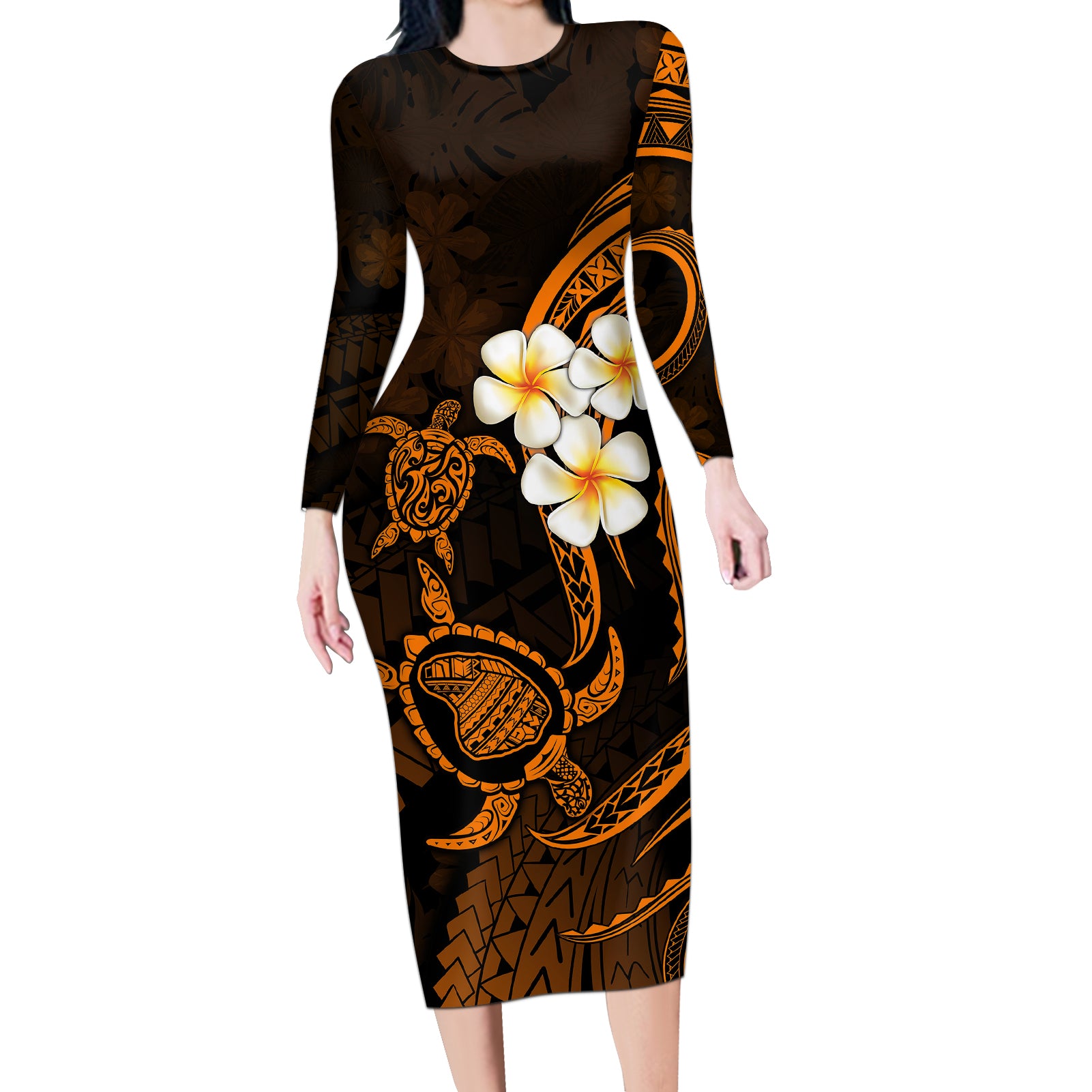 Hawaii Long Sleeve Bodycon Dress Lanai Islands Polynesian Sunset Plumeria Gold Vibe LT9 Long Dress Gold - Polynesian Pride