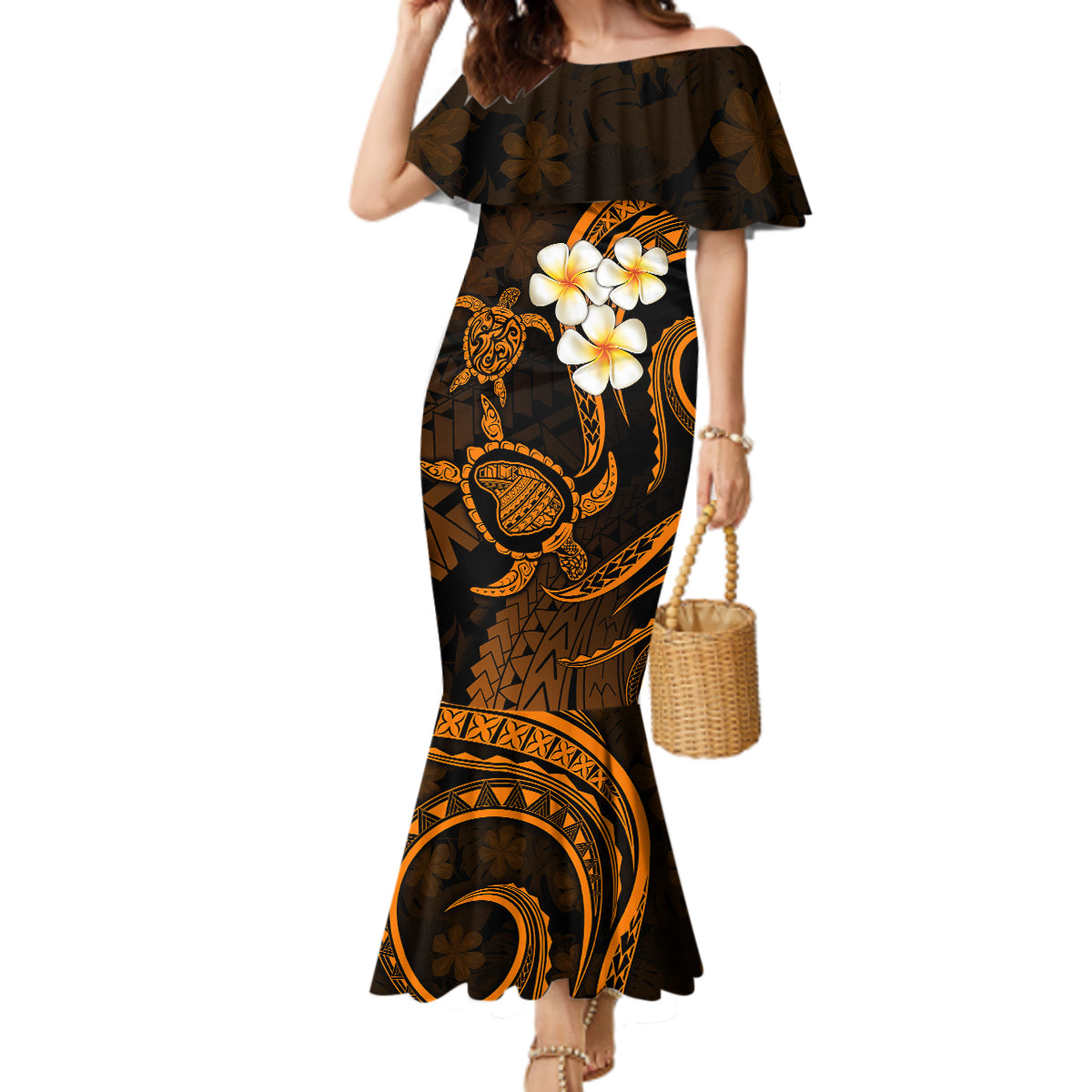 Hawaii Mermaid Dress Lanai Islands Polynesian Sunset Plumeria Gold Vibe LT9 Women Gold - Polynesian Pride