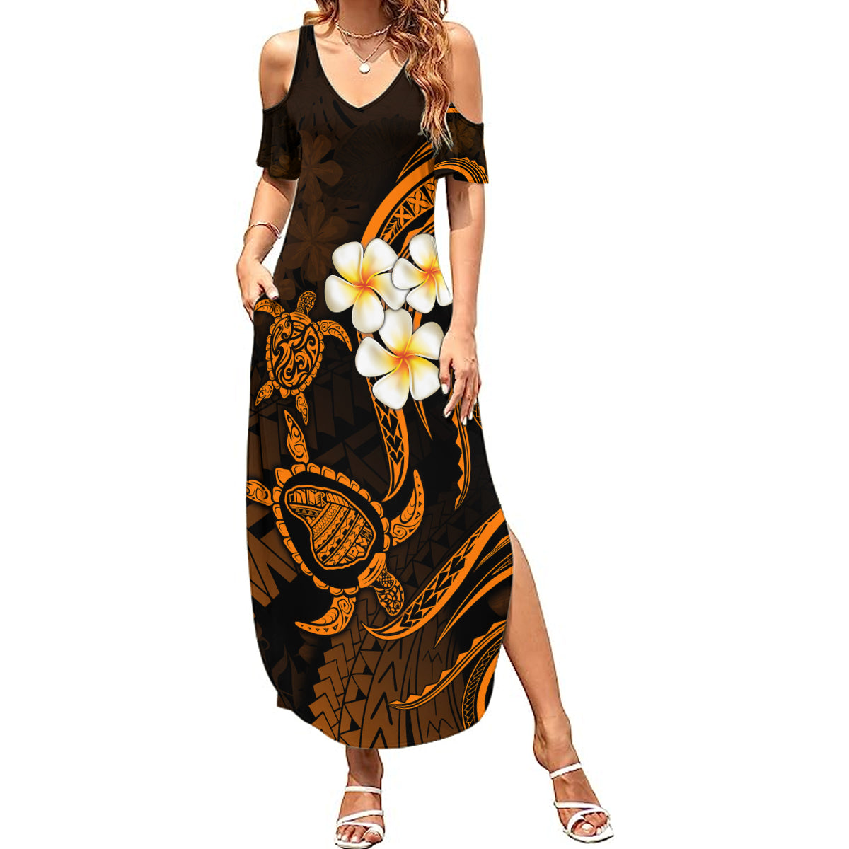Hawaii Summer Maxi Dress Lanai Islands Polynesian Sunset Plumeria Gold Vibe LT9 Women Gold - Polynesian Pride