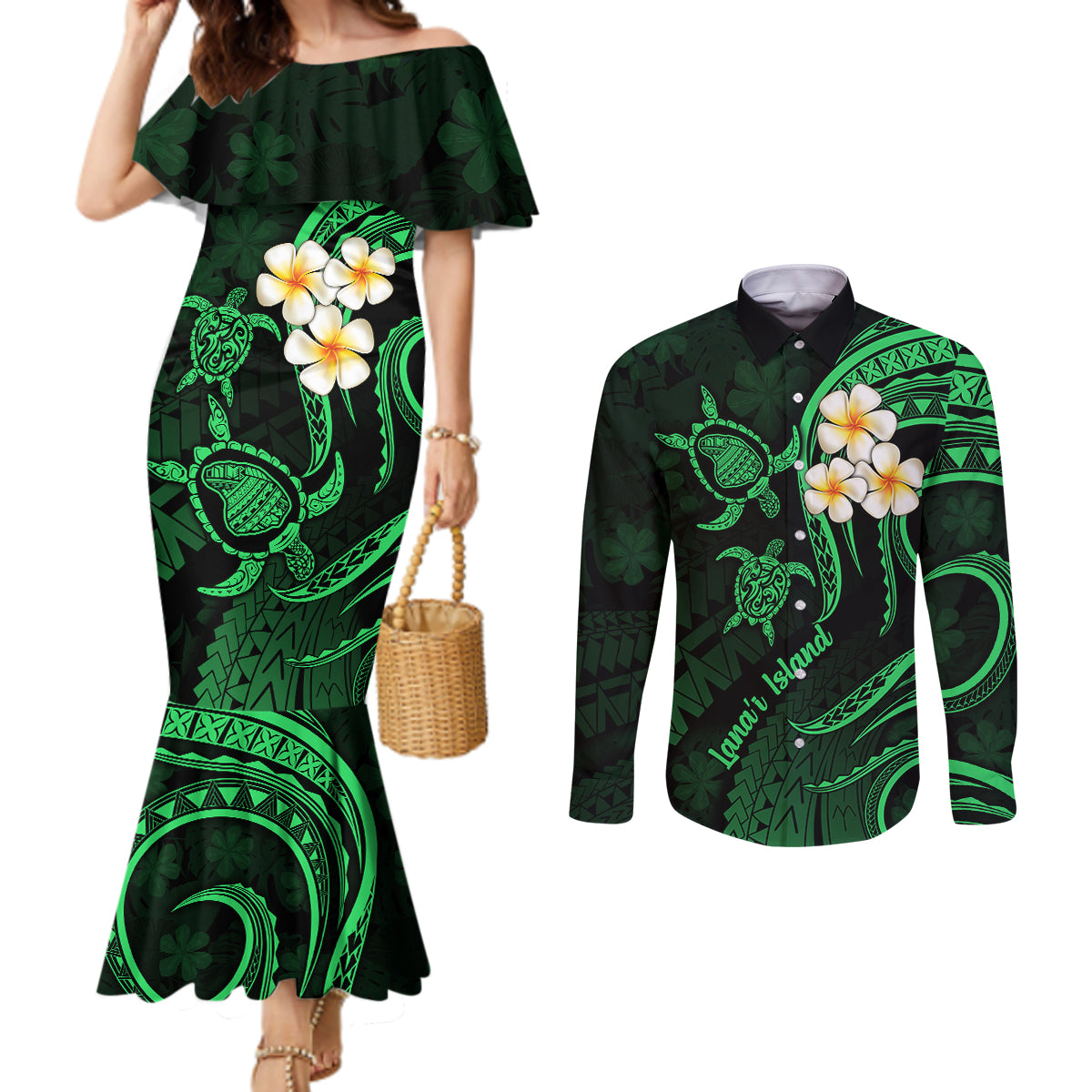 Hawaii Couples Mermaid Dress and Long Sleeve Button Shirts Lanai Islands Polynesian Sunset Plumeria Green Vibe LT9 Green - Polynesian Pride