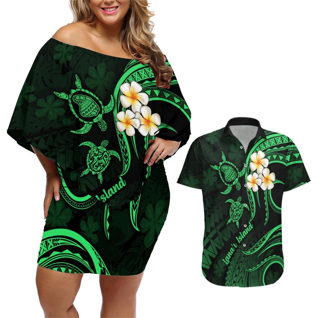 Hawaii Couples Off Shoulder Short Dress and Hawaiian Shirt Lanai Islands Polynesian Sunset Plumeria Green Vibe LT9 Green - Polynesian Pride