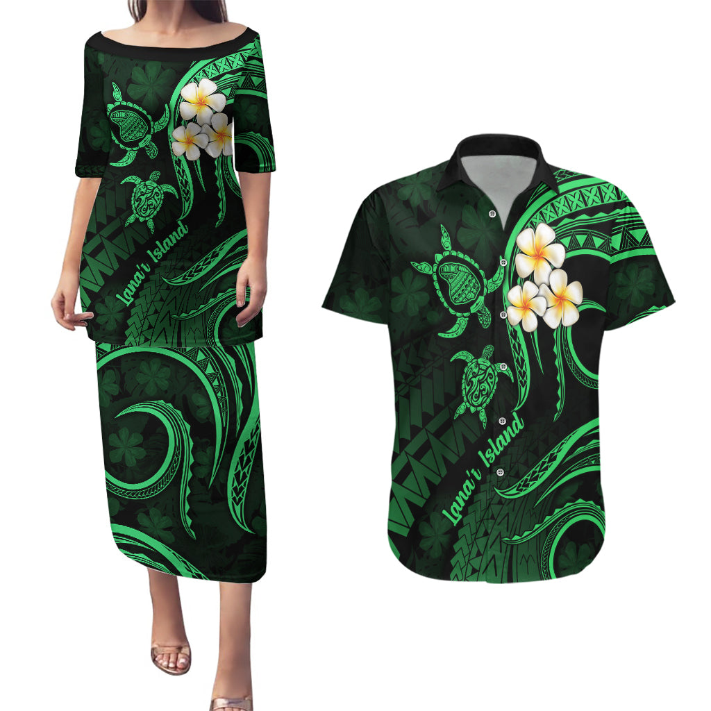 Hawaii Couples Puletasi Dress and Hawaiian Shirt Lanai Islands Polynesian Sunset Plumeria Green Vibe LT9 Green - Polynesian Pride