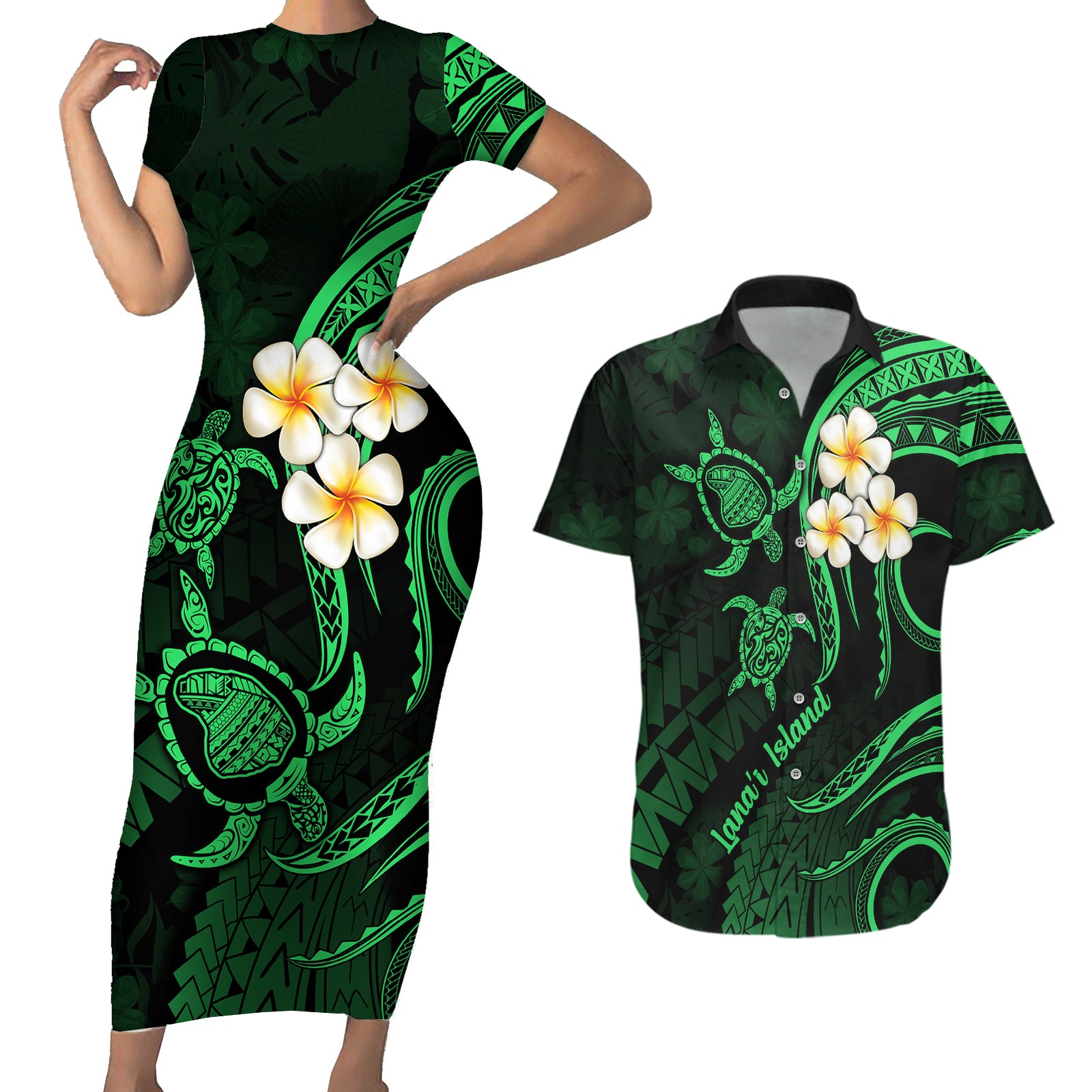 Hawaii Couples Short Sleeve Bodycon Dress and Hawaiian Shirt Lanai Islands Polynesian Sunset Plumeria Green Vibe LT9 Green - Polynesian Pride