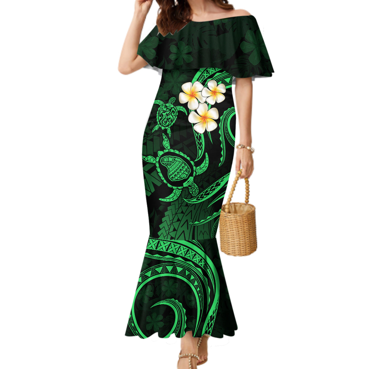 Hawaii Mermaid Dress Lanai Islands Polynesian Sunset Plumeria Green Vibe LT9 Women Green - Polynesian Pride