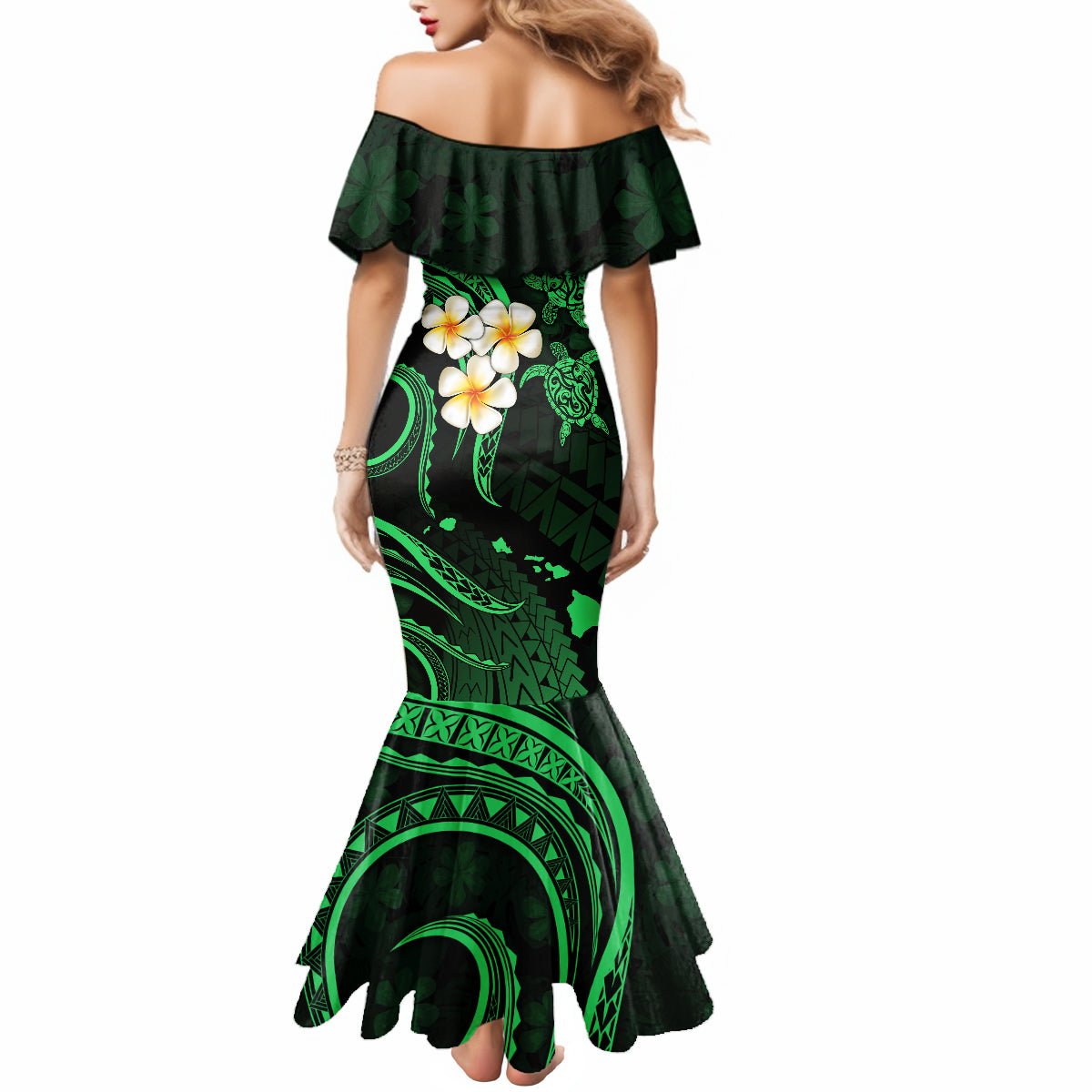 Hawaii Mermaid Dress Lanai Islands Polynesian Sunset Plumeria Green Vibe LT9 - Polynesian Pride