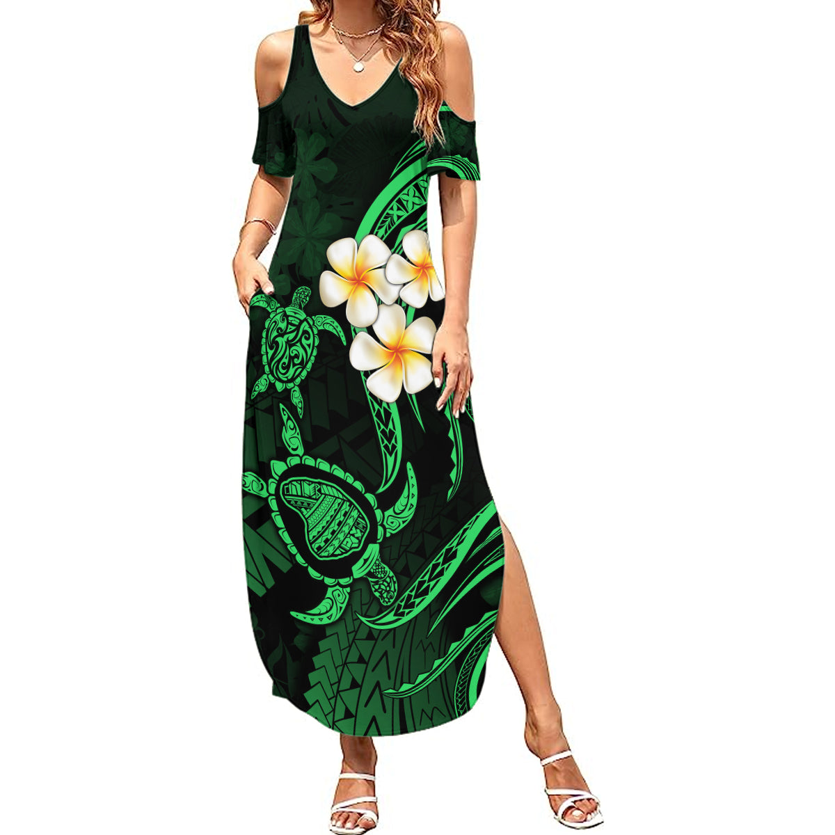 Hawaii Summer Maxi Dress Lanai Islands Polynesian Sunset Plumeria Green Vibe LT9 Women Green - Polynesian Pride