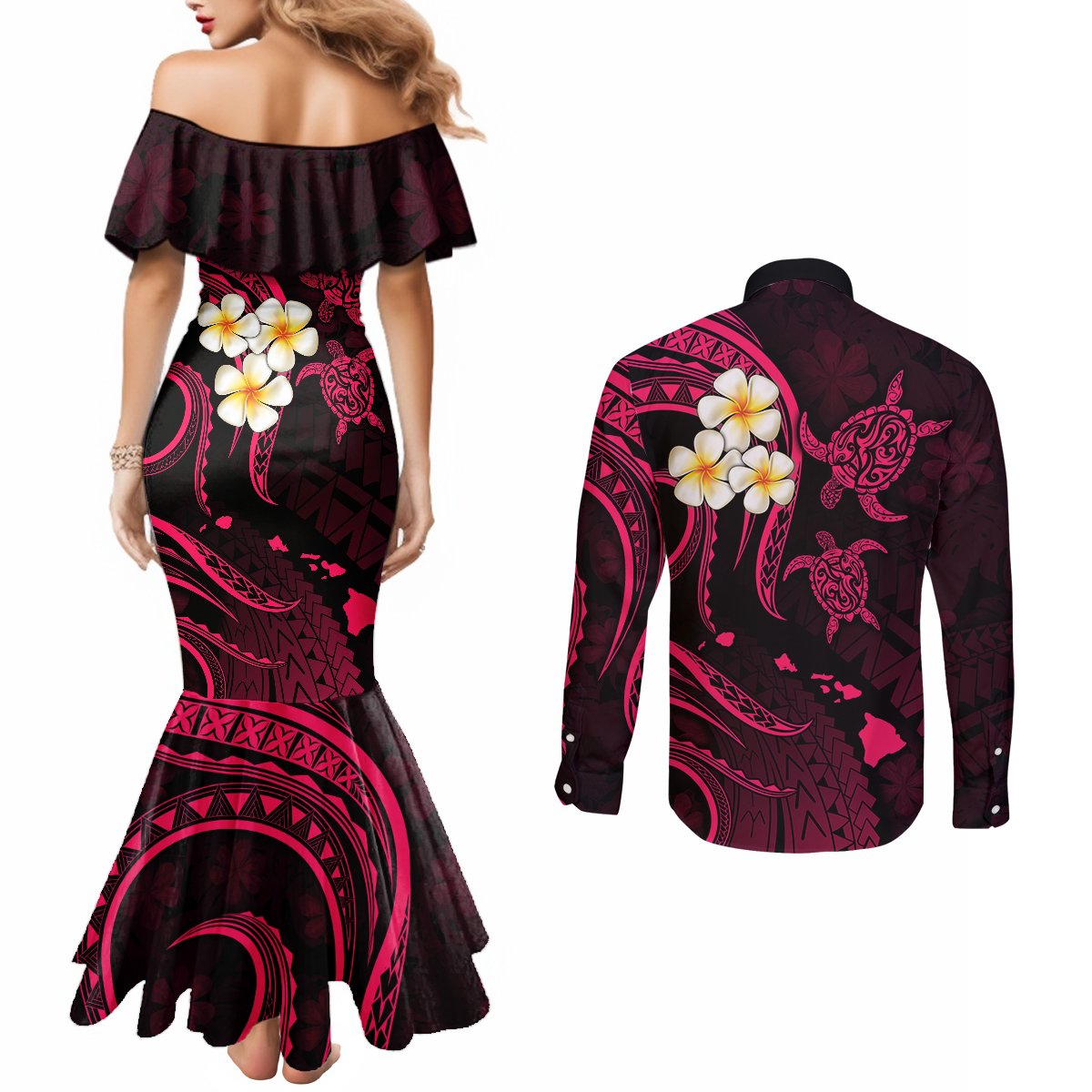 Hawaii Couples Mermaid Dress and Long Sleeve Button Shirts Lanai Islands Polynesian Sunset Plumeria Pink Vibe LT9 - Polynesian Pride