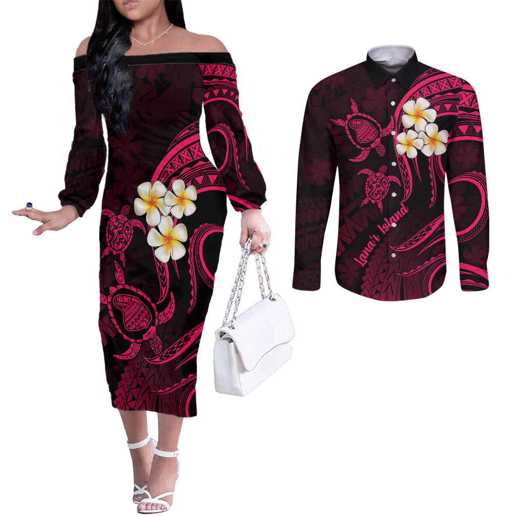 Hawaii Couples Off The Shoulder Long Sleeve Dress and Long Sleeve Button Shirts Lanai Islands Polynesian Sunset Plumeria Pink Vibe LT9 Pink - Polynesian Pride