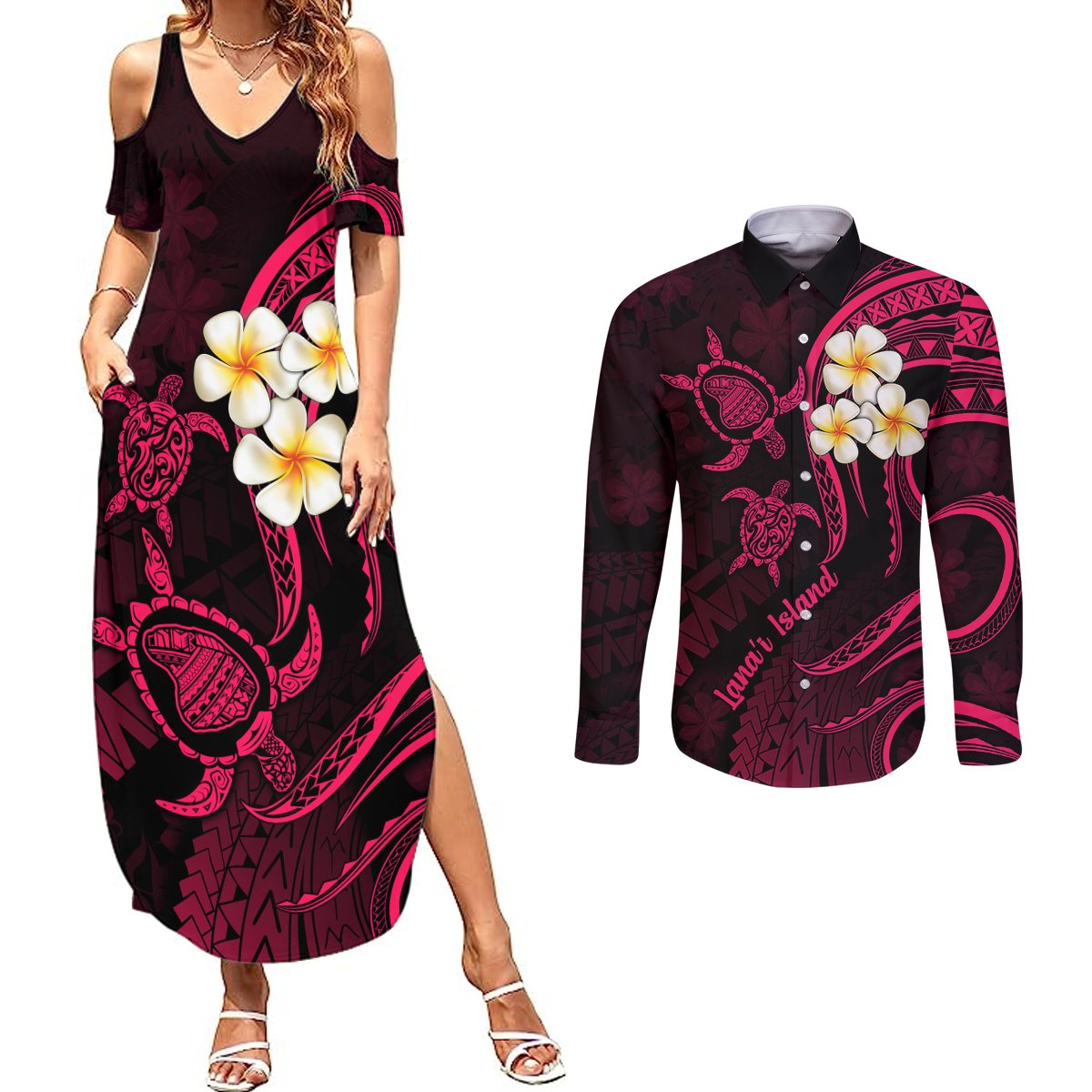 Hawaii Couples Summer Maxi Dress and Long Sleeve Button Shirts Lanai Islands Polynesian Sunset Plumeria Pink Vibe LT9 Pink - Polynesian Pride