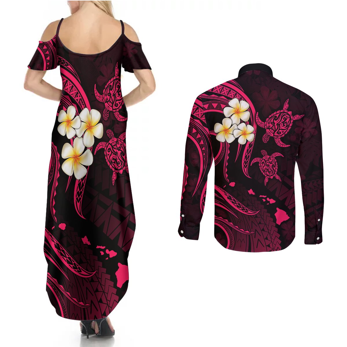 Hawaii Couples Summer Maxi Dress and Long Sleeve Button Shirts Lanai Islands Polynesian Sunset Plumeria Pink Vibe LT9 - Polynesian Pride