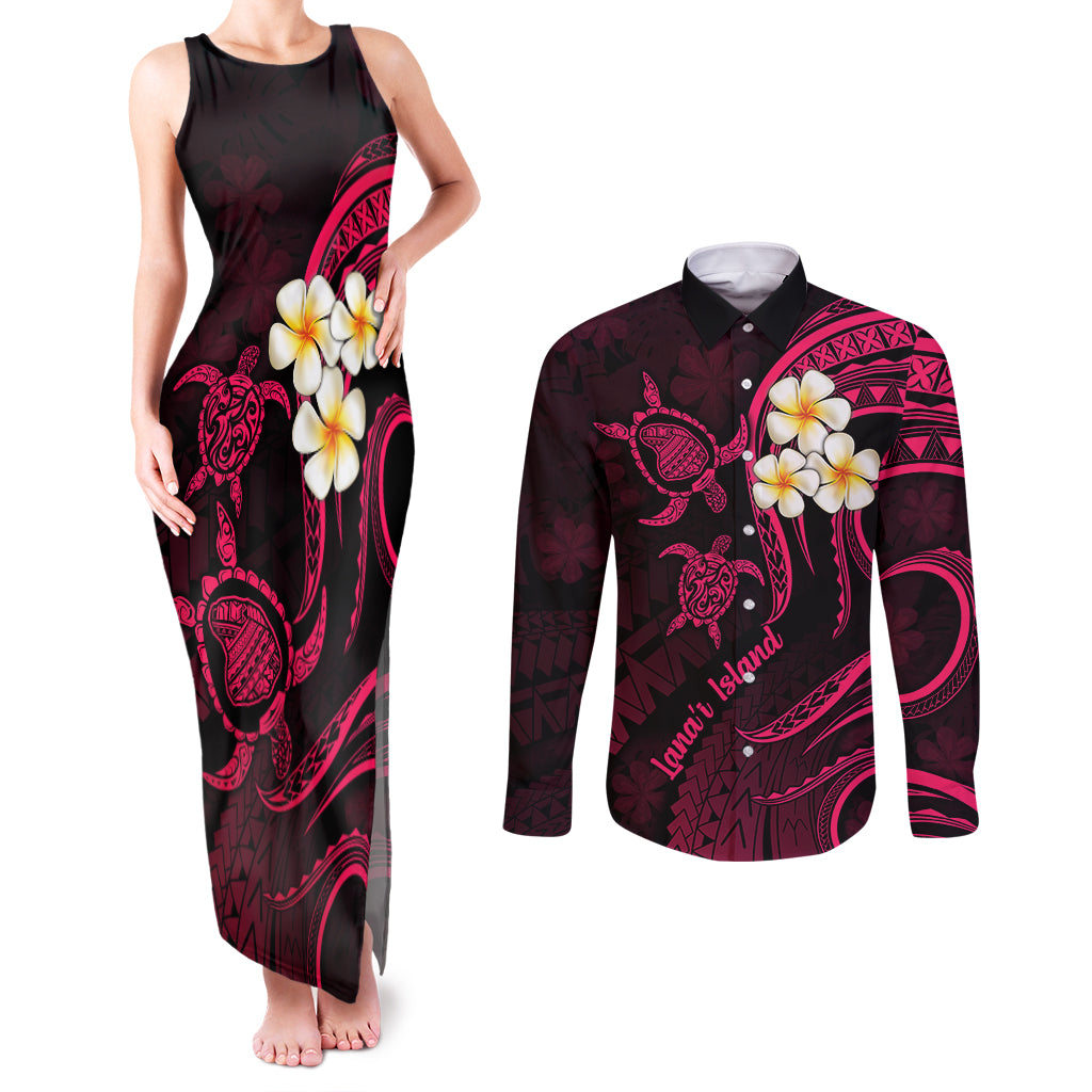 Hawaii Couples Matching Tank Maxi Dress and Long Sleeve Button Shirts Lanai Islands Polynesian Sunset Plumeria Pink Vibe LT9 Pink - Polynesian Pride