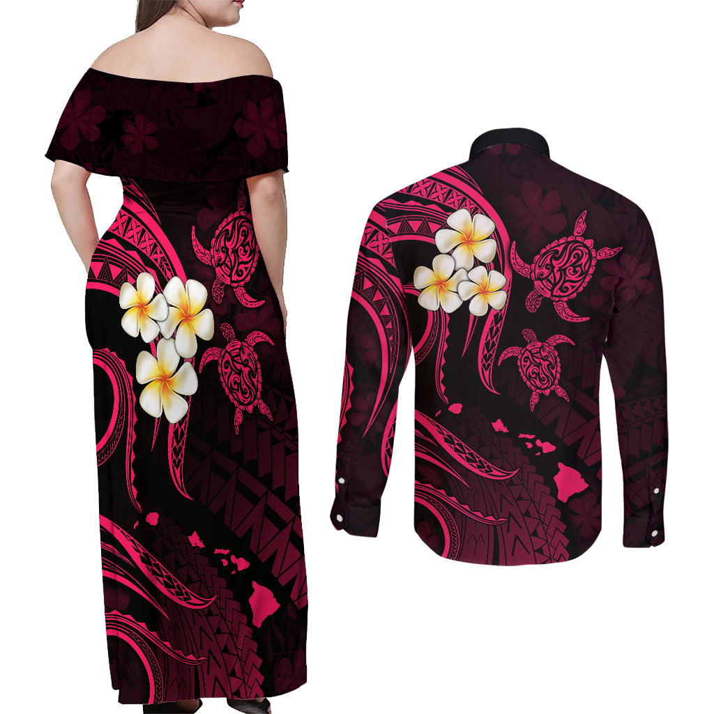 Hawaii Couples Off Shoulder Maxi Dress and Long Sleeve Button Shirts Lanai Islands Polynesian Sunset Plumeria Pink Vibe LT9 - Polynesian Pride