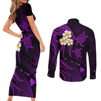 Polynesian Hawaii Couples Short Sleeve Bodycon Dress and Long Sleeve Button Shirts Lanai Islands with Pacific Plumeria Purple Vibe LT9 - Polynesian Pride