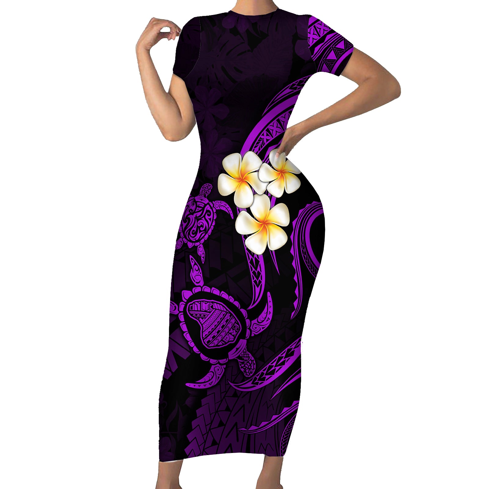 Polynesian Hawaii Short Sleeve Bodycon Dress Lanai Islands with Pacific Plumeria Purple Vibe LT9 Long Dress Purple - Polynesian Pride