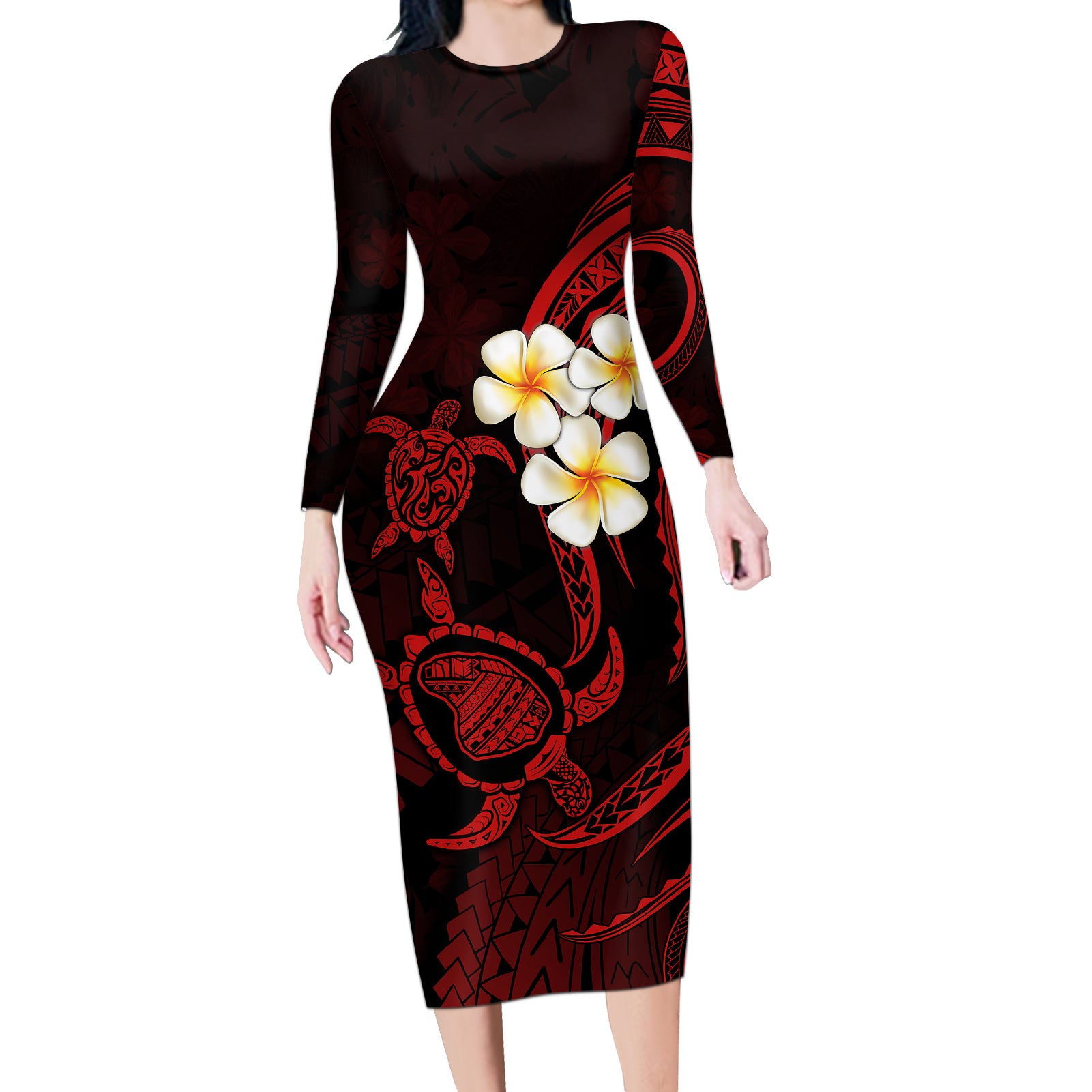 Polynesian Hawaii Long Sleeve Bodycon Dress Lanai Islands with Pacific Plumeria Red Vibe LT9 Long Dress Red - Polynesian Pride