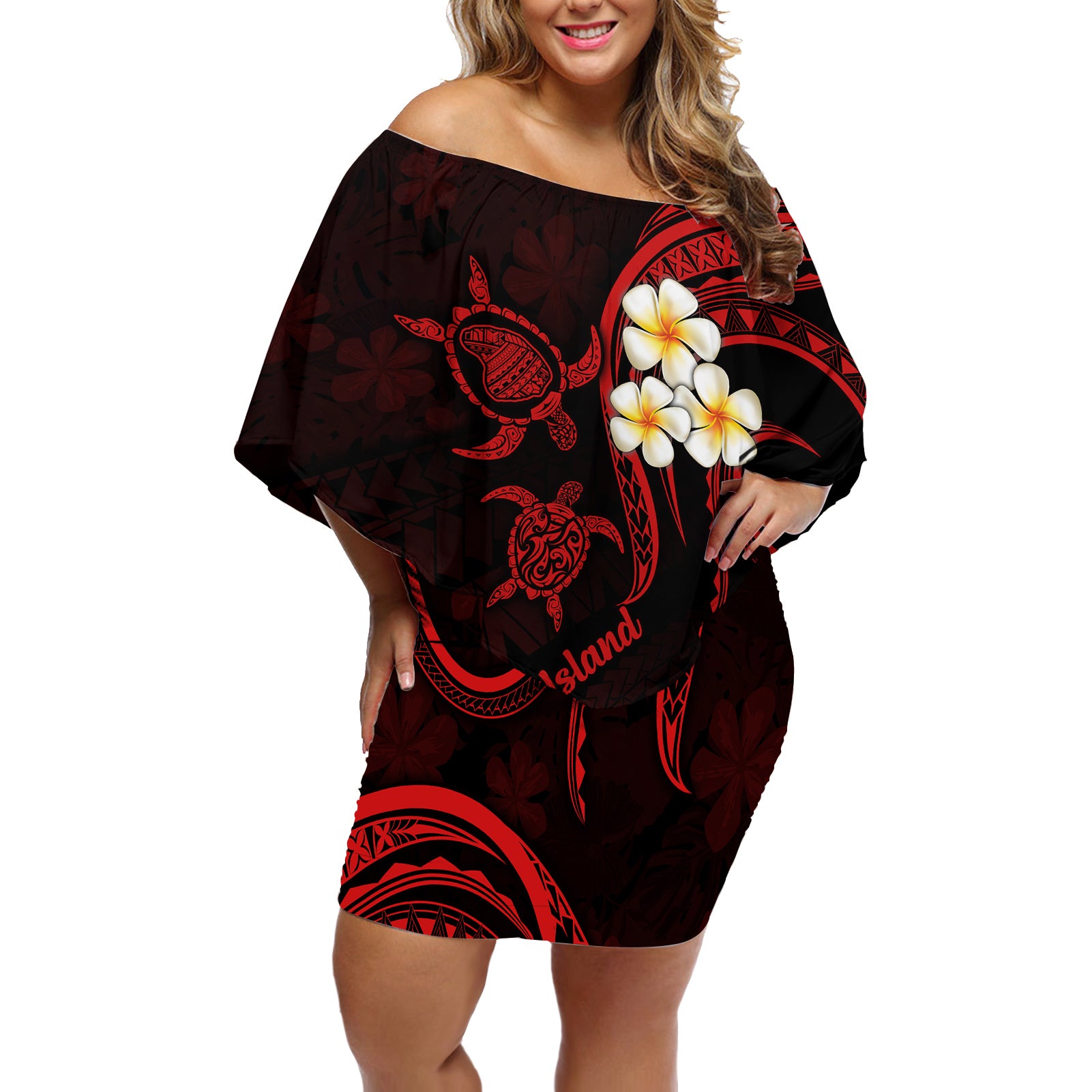 Polynesian Hawaii Off Shoulder Short Dress Lanai Islands with Pacific Plumeria Red Vibe LT9 Women Red - Polynesian Pride