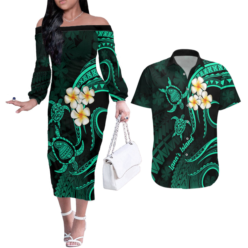 Polynesian Hawaii Couples Off The Shoulder Long Sleeve Dress and Hawaiian Shirt Lanai Islands with Pacific Plumeria Turquoise Vibe LT9 Turquoise - Polynesian Pride