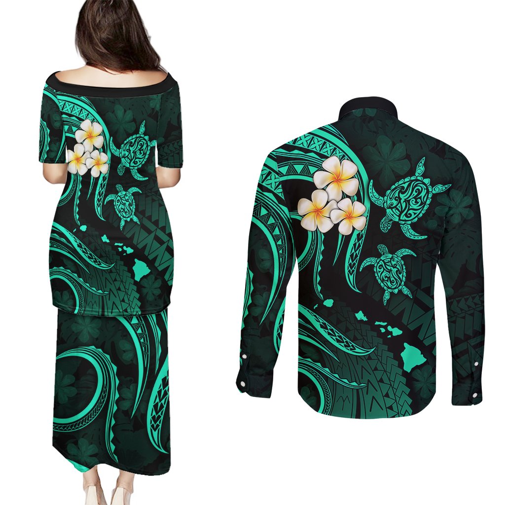 Polynesian Hawaii Couples Puletasi Dress and Long Sleeve Button Shirts Lanai Islands with Pacific Plumeria Turquoise Vibe LT9 - Polynesian Pride