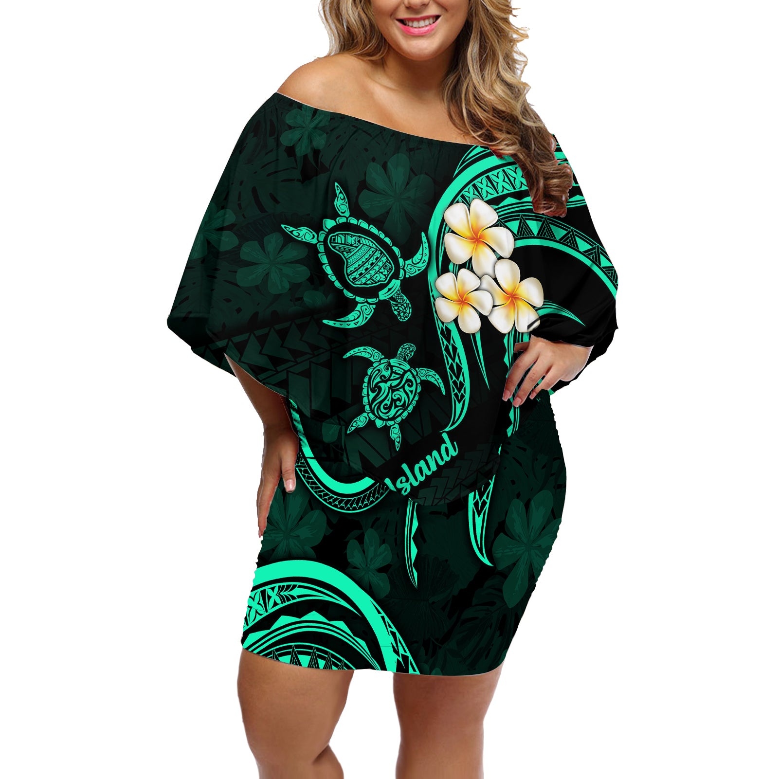 Polynesian Hawaii Off Shoulder Short Dress Lanai Islands with Pacific Plumeria Turquoise Vibe LT9 Women Turquoise - Polynesian Pride