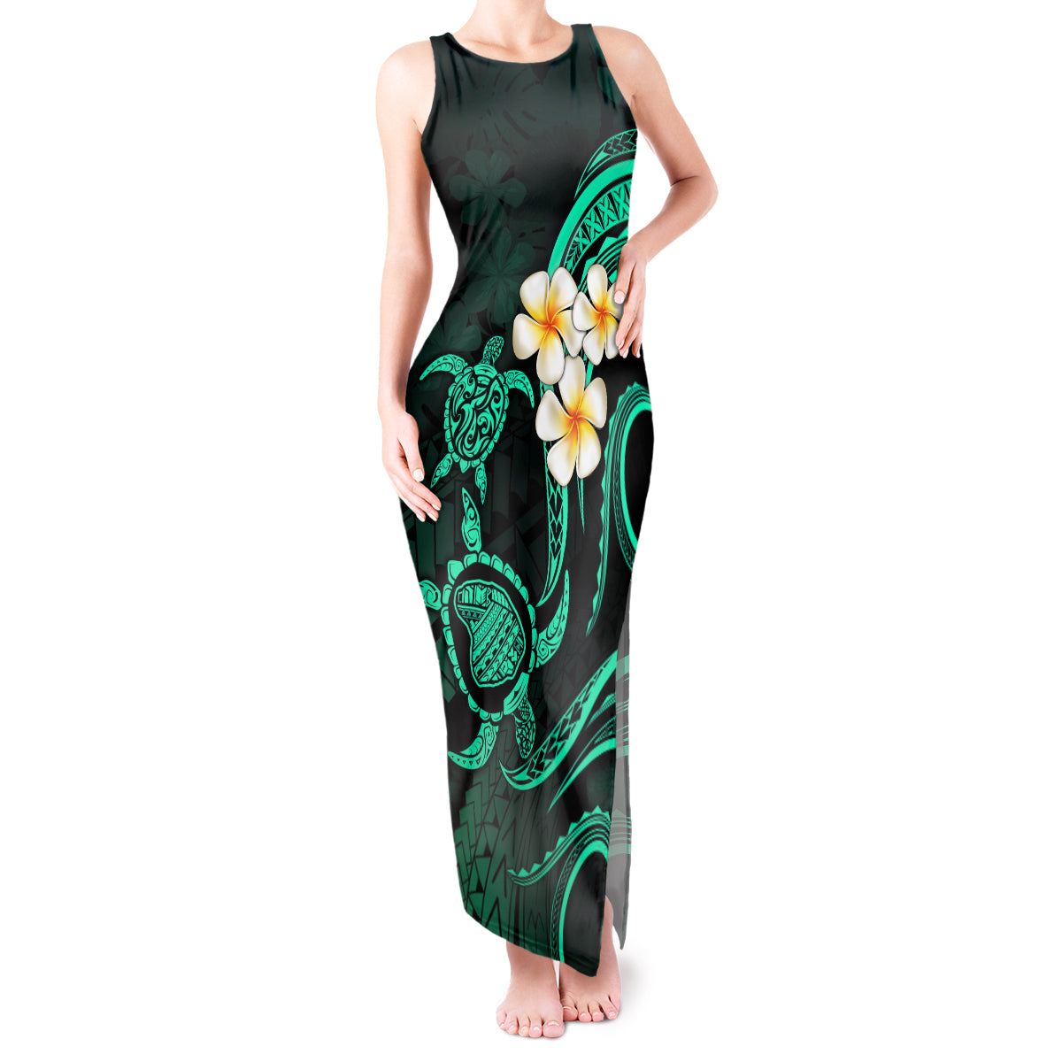 Polynesian Hawaii Tank Maxi Dress Lanai Islands with Pacific Plumeria Turquoise Vibe LT9 Women Turquoise - Polynesian Pride