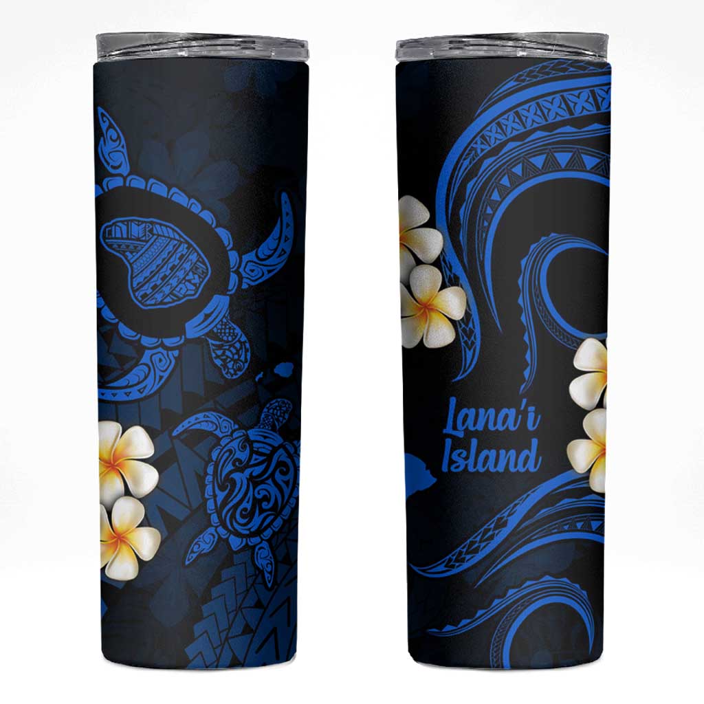 Hawaii Lanaʻi Islands Pacific Plumeria Skinny Tumbler Blue Polynesian Tattoo