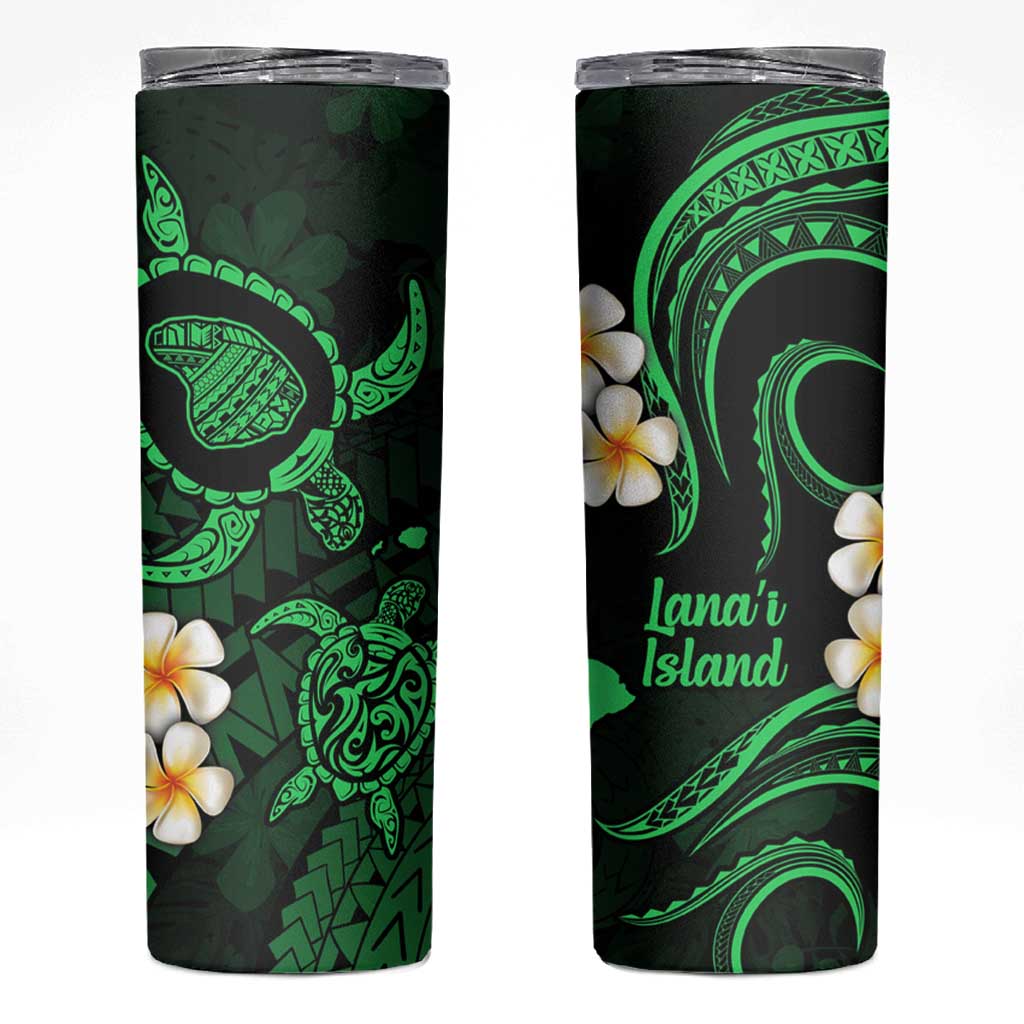 Hawaii Lanaʻi Islands Pacific Plumeria Skinny Tumbler Green Polynesian Tattoo