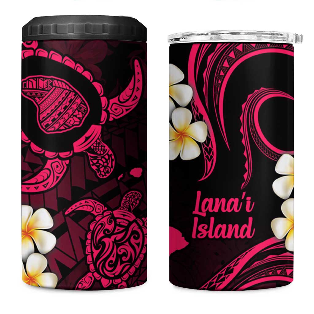 Hawaii Lanaʻi Islands Pacific Plumeria 4 in 1 Can Cooler Tumbler Pink Polynesian Tattoo