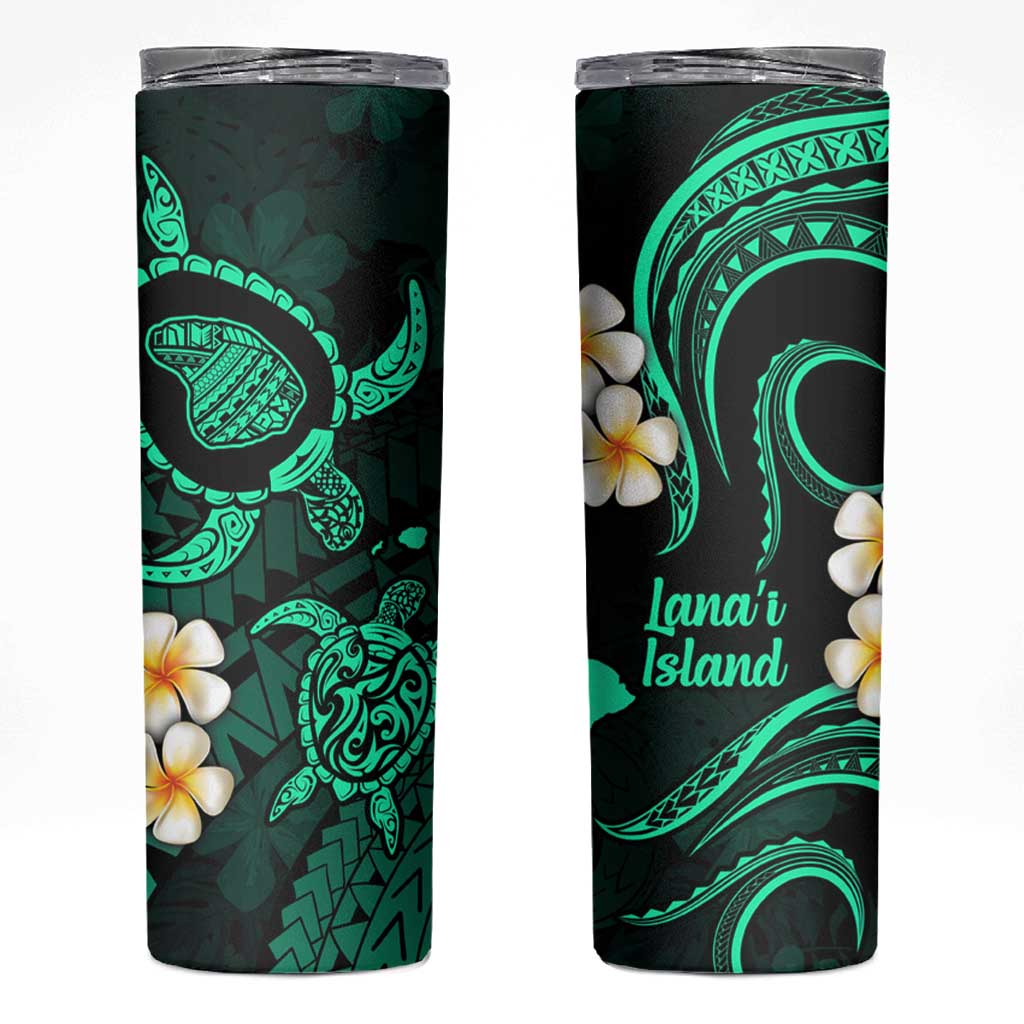 Hawaii Lanaʻi Islands Pacific Plumeria Skinny Tumbler Turquoise Polynesian Tattoo