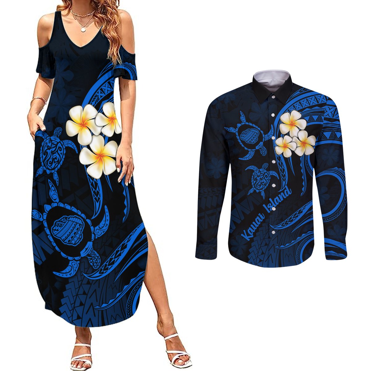Hawaii Couples Summer Maxi Dress and Long Sleeve Button Shirts Kauai Islands Polynesian Sunset Plumeria LT9 Blue - Polynesian Pride