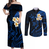 Hawaii Couples Off Shoulder Maxi Dress and Long Sleeve Button Shirts Kauai Islands Polynesian Sunset Plumeria LT9 Blue - Polynesian Pride