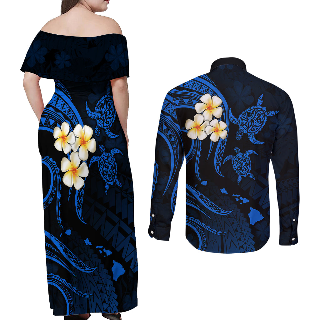 Hawaii Couples Off Shoulder Maxi Dress and Long Sleeve Button Shirts Kauai Islands Polynesian Sunset Plumeria LT9 - Polynesian Pride