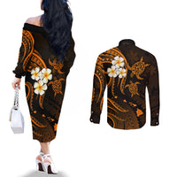 Hawaii Couples Off The Shoulder Long Sleeve Dress and Long Sleeve Button Shirts Kauai Islands Polynesian Sunset Plumeria Gold Vibe LT9 - Polynesian Pride