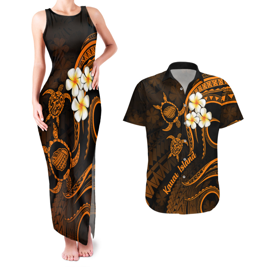 Hawaii Couples Matching Tank Maxi Dress And Hawaiian Shirt Kauai Islands Polynesian Sunset Plumeria Gold Vibe LT9 Gold - Polynesian Pride